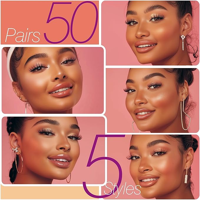 Eliace Eyelashes, (50 Pairs,5 Styles) Luxurious Faux Mink Lashes Natural Look Wispy Fluffy Handmade Cat Eye False Lash Pack, False Eyelashes Set, Fake Lashes Strips, Makeup Fake Eyelashes Pack