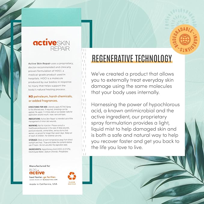 Active Skin Repair First Aid Healing Skin Spray - Natural & Non-Toxic with Hypochlorus Acid for Minor Cuts, Wounds, Scrapes, Rashes, Sunburns, & More, 3 oz