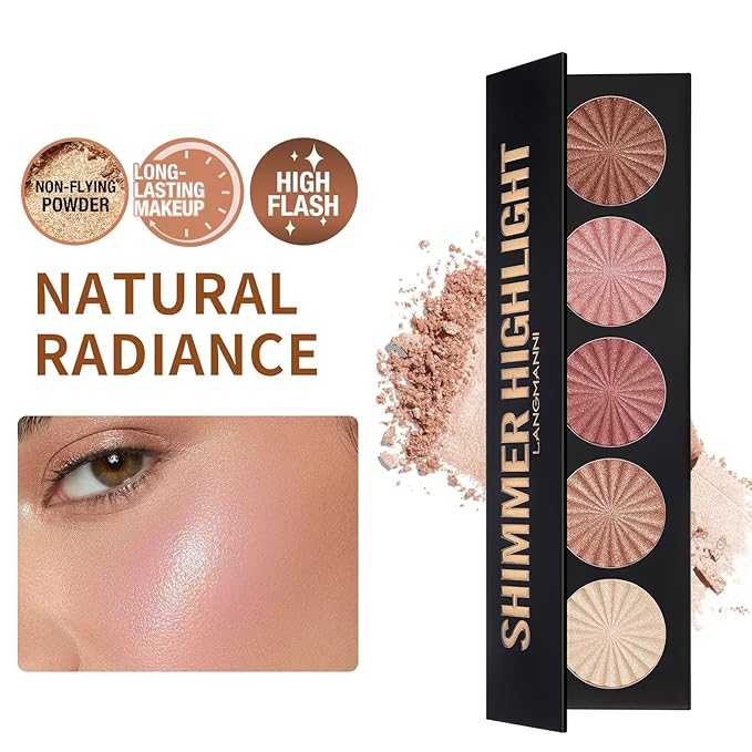 Highlighter Powder Palette, 5 Colors Makeup Palette Contour Palette Eyeshadow Makeup Kit Waterproof Long Lasting Brilliant Lighten Skin Color Professional Versatile Face Shading Set(1, brown, Large)