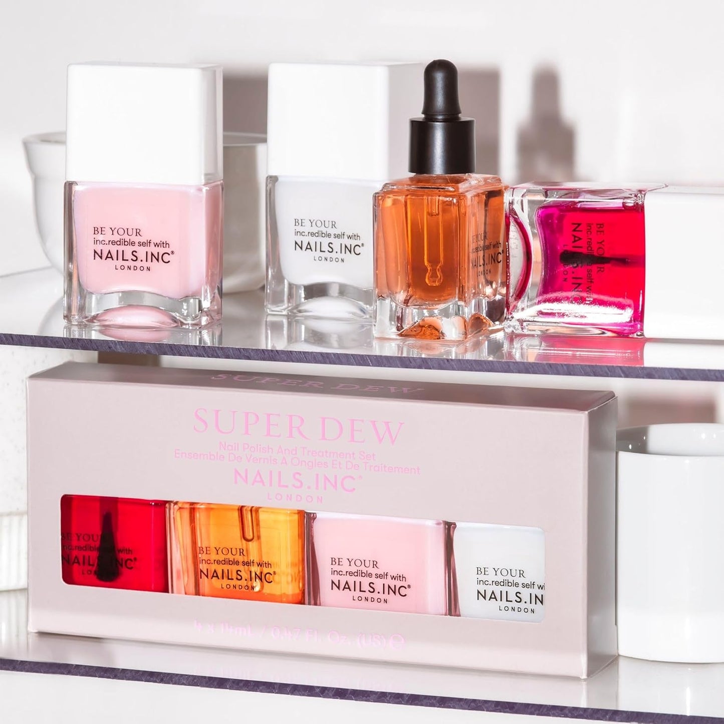 Nails Inc Super Dew Nail Polish Quad, Glow Enhancing Shades, Clean Girl Aesthetic, Fast Drying, Long Lasting, Chip Resistant, Air Dry Manicure, Vitamin C Cuticle Oil, Vegan, Cruelty Free, 4 Piece Set