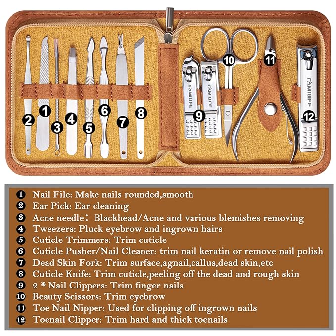 FAMILIFE Manicure Set, Nail Professional Kit Manicure Kits Nail Clipper Sets, 13PCS Stainless Steel Pedicure Sets Mens Grooming Tool, with Brown Leather Travel Case for Men