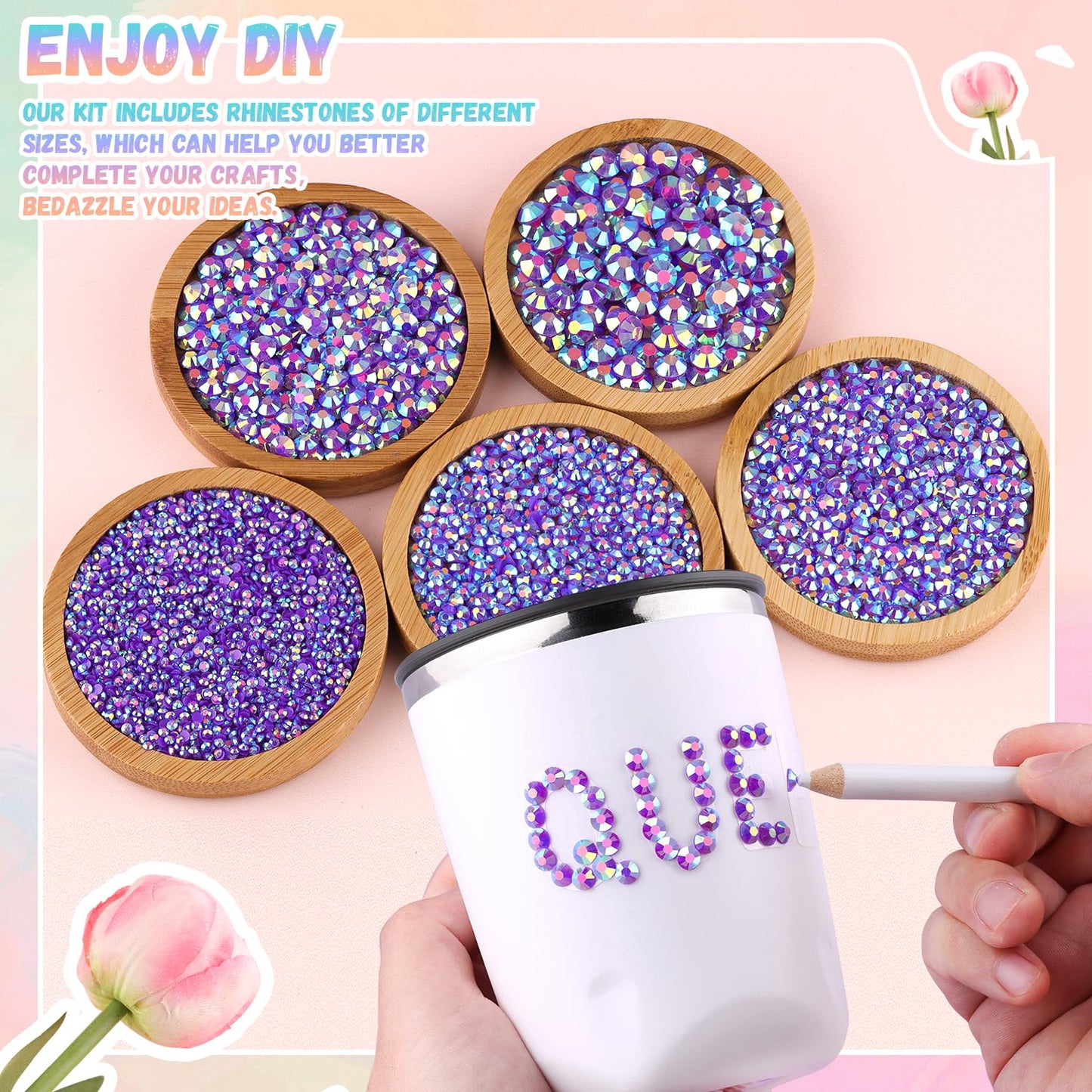 25000Pcs Resin Rhinestones with B7000 Jewelry Glue for Crafting, Dark Purple AB 2-6mm Non Hotfix Flatback Gems, Bedazzling Crystal for DIY Crafts Clothing Tumblers Mugs Shoes Fabric Decor Nail Art