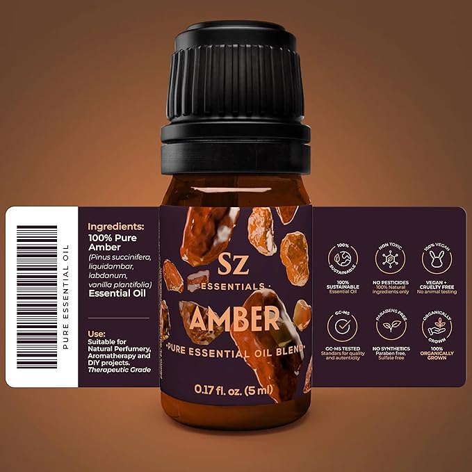 Amber 100% Pure, Essential Undiluted Oil - Extracted from Amber Resin - Rich & Floral Scent, with Smoky Overtones - Therapeutic Grade & Vegan - 0.17oz (5ml)