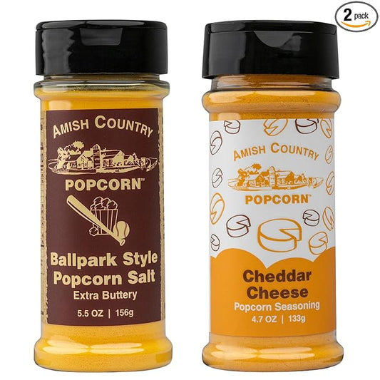 Amish Country Popcorn | Seasoning Variety Pack | BallPark Style ButterSalt - 5.5 oz & Cheddar Cheese - 4.7 oz Popcorn Seasoning | Old Fashioned, Non-GMO and Gluten Free