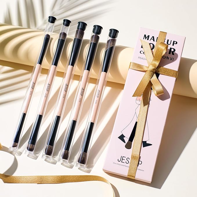 Jessup Makeup Brushes 5pcs Double Ended Eyeshadow Brush Contour Blending Eyeliner Eye Shader Brush, Vegan Fiber Precision Eye Brush Set Peach Dust T509
