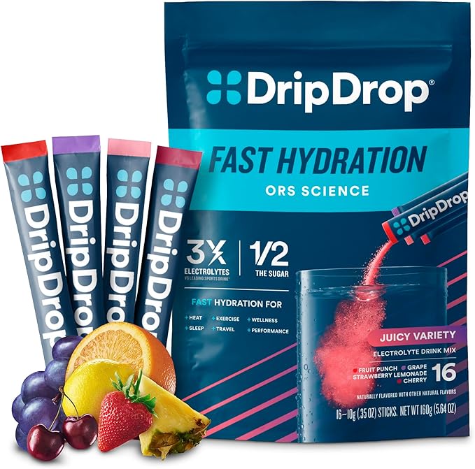 DripDrop Hydration Packets - Juicy Variety Pack - Single Serve Electrolytes Powder Drink Mix - Grape, Fruit Punch, Strawberry Lemonade, Cherry - Non-GMO, Gluten Free, Vegan - 16 Sticks