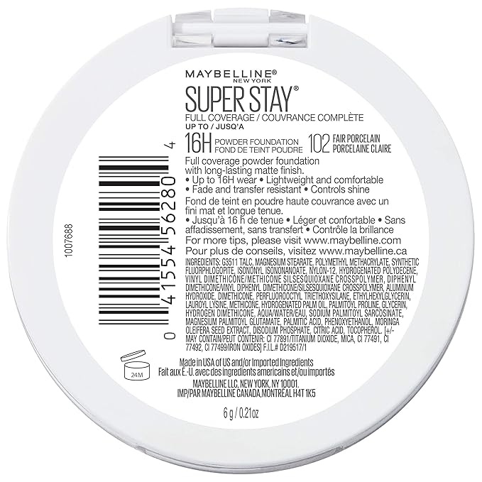 Maybelline Super Stay Full Coverage Powder Foundation Makeup, Up to 16 Hour Wear, Soft, Creamy Matte Foundation, Fair Porcelain, 1 Count