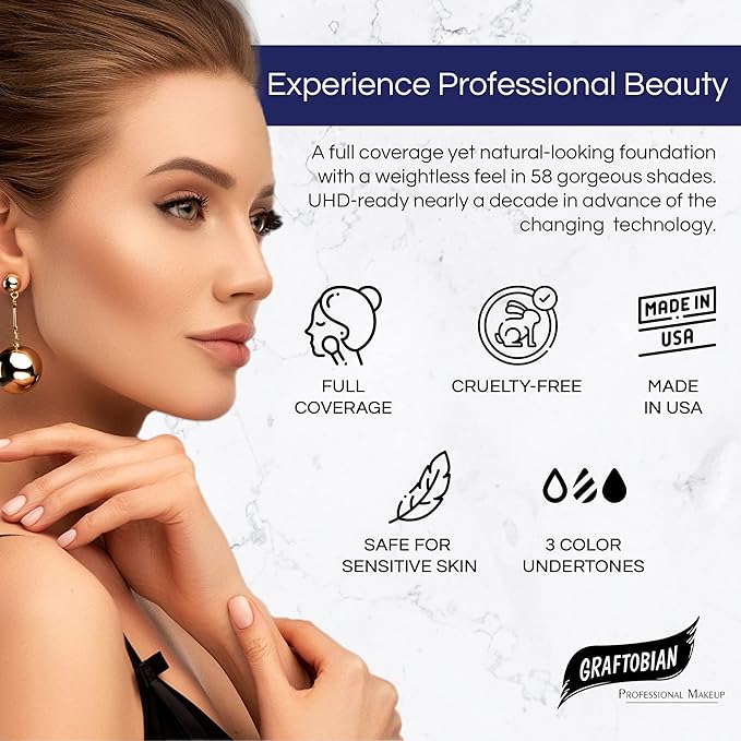 Graftobian HD Glamour Crème Foundation 1/2oz, Weightless Full Coverage Makeup, 65 Inclusive Shades, For All Skin Types, Natural or Full-Glam Looks, For Professionals and Beginners, Porcelain