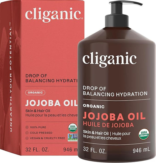 Cliganic Organic Jojoba Oil 32 oz, 100% Pure | Bulk, Natural Cold Pressed Unrefined Hexane Free Oil for Hair & Face