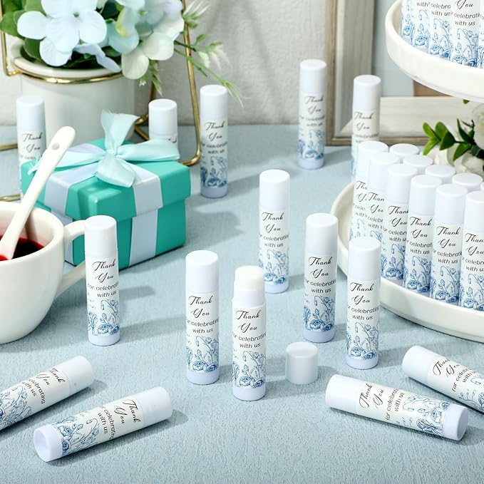 Dunzy 50 Pcs Thank You Gift Lip Balm Bulk Baby Shower Party Favors Bridal Shower Favor Lip Care with Assorted Fruit Flavors Thank You Lipstick for Guest Basket Gift Stuffer (Blue and White Porcelain)