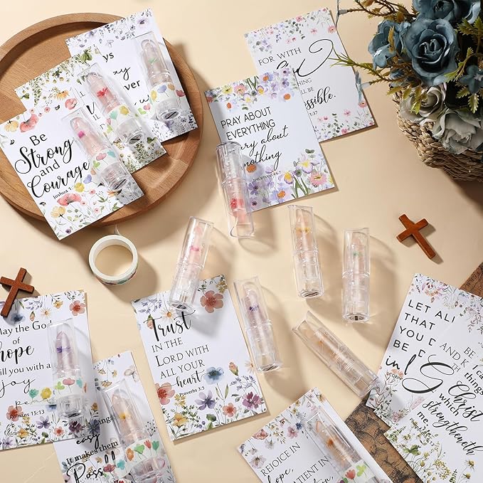 12 Sets Christian Lip Balms with Inspirational Bible Verse Card Bulk Gifts for Women Flower Sign Taste Lip Balm with Tag for Employee Coworker Teacher Family Church Wedding Favor
