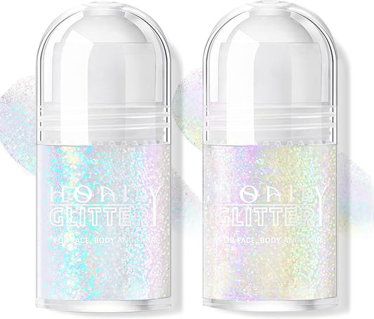 2 Colors Roll-on Body Glitter Gel, Holographic Glitter Gel Under Light for Face Hair, Body Shimmer for Rave Accessories Christmas New Year Halloween Makeup (9+10)