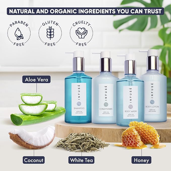 1-Shoppe Infuse 40 Piece Ecobox All-In-Kit | White Tea and Coconut Soap | 12 Shampoo, 8 Conditioner, 12 Body Wash & 8 Lotion | 10oz Hotel Soaps and Toiletries Bulk | Personal Care Products