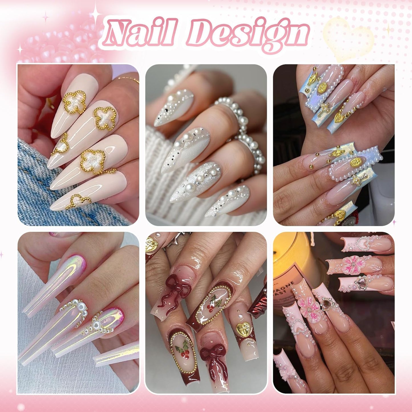 Flatback Pearls and Metal Nail Beads With Rhinestones Glue Gel for Art, Charms and Round Caviar Beads Accessories for Acrylic Tips Manicure Decor (White, Silver+Gold)