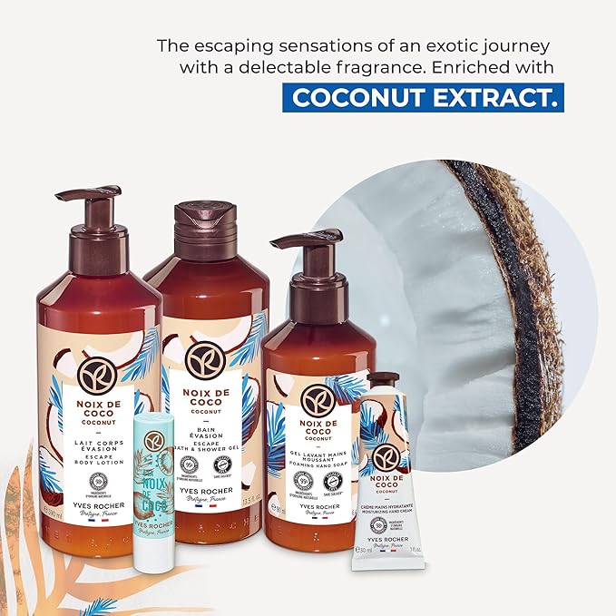 Yves Rocher Bain de Nature Coconut 6-Piece Gift Set, Shower Gel, Hand Cream, Body Lotion, Lip Balm, Hand Soap & Vanity Bag, 6 Items