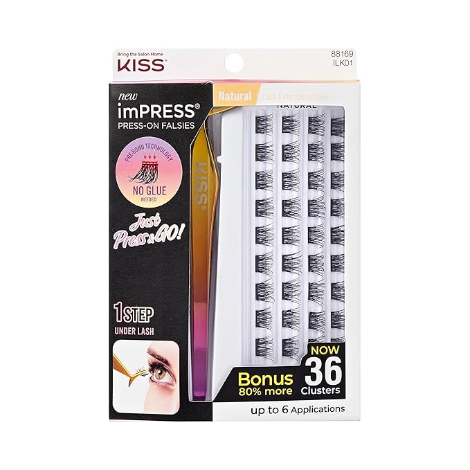 KISS imPRESS Falsies Press On Self Adhesive Eyelashes, 12mm-14mm Natural Volume Press On Lashes, Black, No Glue Needed, Invisible Band, 20 Lash Clusters & Non-Stick Applicator - Natural