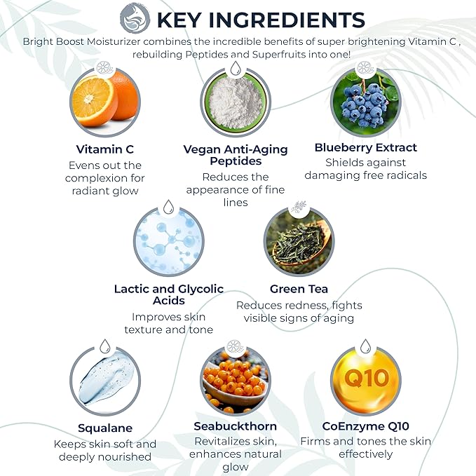 Bright Boost 7 Superfruits Peptide Face Moisturizer with Vitamin C - Gentle Daily Hydrating Luxury Lotion for Radiant Skin - Smooths Fine Lines - Fragrance Free All Skin Types 2oz