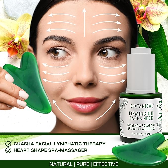 Botanical Face & Neck Firming Oil | Anti-Wrinkle Ginseng & Squalane Serum w/Gua Sha Lift Scraper | Organic, Pure, Natural Skincare (0.6 fl oz | 18 ml)