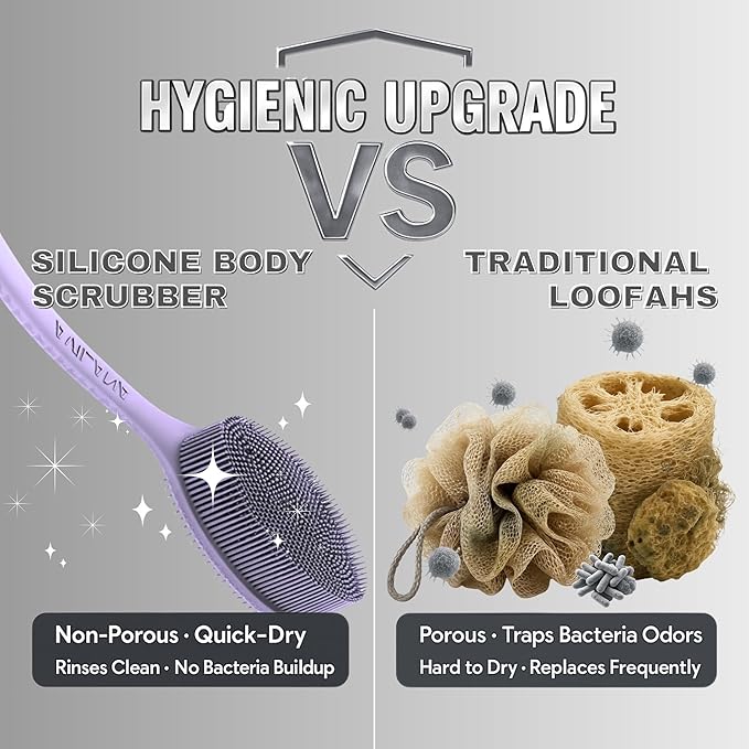 Avilana Silicone Body Scrubber – Gentle Shower Brush & Loofah Alternative- Food Grade & Lab Tested – Fast-Drying, Hygienic, BPA-Free Silicone Body Gentle Exfoliator (Lavender, Long Handle)