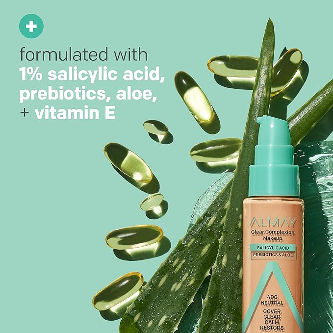 Almay Clear Complexion Acne Foundation Makeup with Salicylic Acid - Lightweight, Medium Coverage, Hypoallergenic, Fragrance-Free, for Sensitive Skin, 730 Golden Caramel, 1 fl oz.