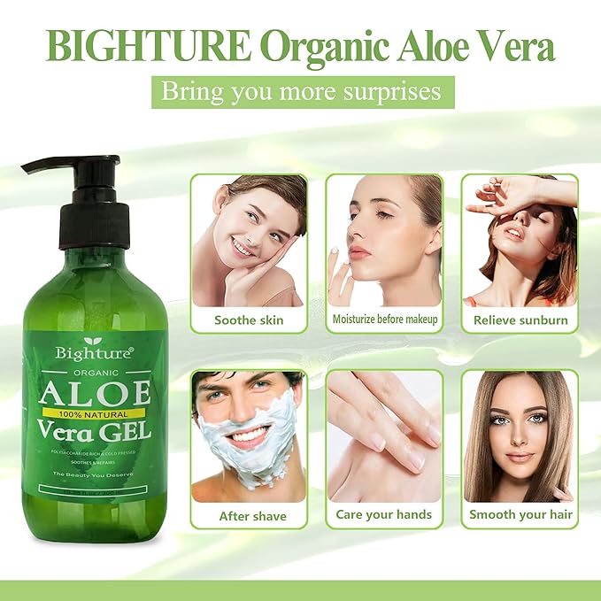 Aloe Vera Gel, 100% Aloe Vera Organic from Freshly Cut Aloe Leaves, Skin Care for Deeply & Rapidly Soothing, Firming, After Shave, Sunburn Relieve, etc