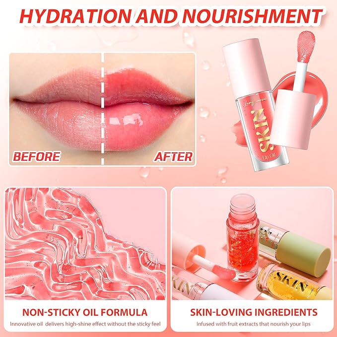 2Pack Non-sticky Lip Oil, Moisturizing Glossy/Shiny Lip Gloss Oil PlumpingTint, Hydrating Lip Gloss Lip Balm, Long Lasting Nourishing Fruit Flavoure Lip Oils(Strawberry + Coconut)