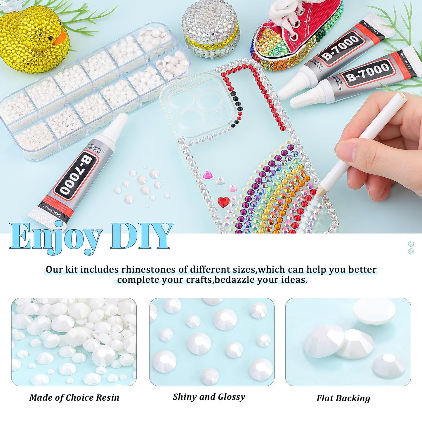 6000Pcs Resin Rhinestones for Bedazzling with 3Pcs B7000 Jewelry Glue, 1 Box White Flatback Rhinestones for Crafting Crafts DIY, Crystals Gems for Clothing Shoes Tumblers Nail Art Makeup