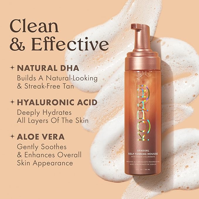 Kopari Gradual Self-Tanning Mousse Infused with Hyaluronic Acid, Even Application, Long-Lasting Natural Color, Smooth Streak-Free Results