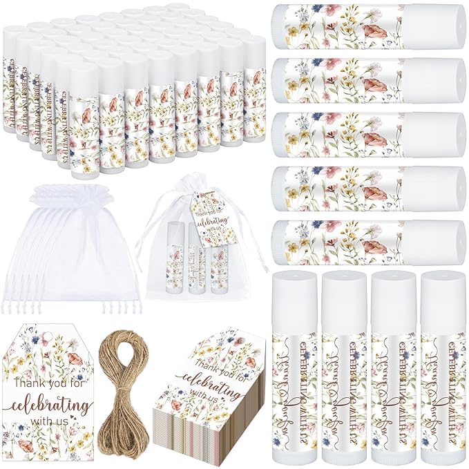 Dunzy 50 Pack Wildflower Party Baby Shower Favors Bulk Lip Balms Gifts Wedding Bridal Shower Favors Small Thank You Appreciation Gifts for Guests Women Employees Teachers Coworker Staff