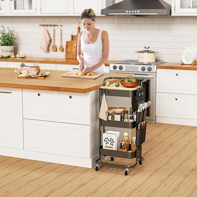 DTK 3 Tier Metal Utility Rolling Cart with Table Top and Side Bags, Tray Storage Organizer Wheels, Art Craft 4 Hooks for Kitchen Bathroom Office Living Room (Black)