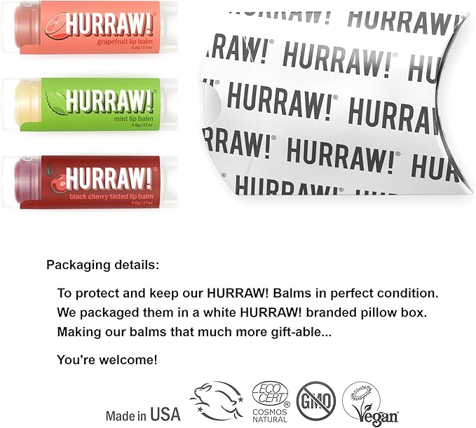 Hurraw! Grapefruit, Mint, Black Cherry Tinted Lip Balms, 3 Pack Bundle: Organic, Certified Vegan, Cruelty and Gluten Free. Non-GMO, 100% Natural. Bee, Shea, Soy & Palm Free. Made in USA