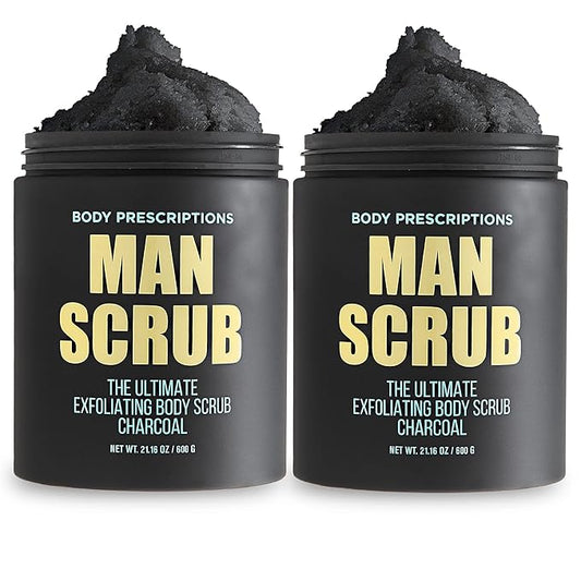 Body Prescriptions Men’s Exfoliating Body Scrub – Ultimate Skin Cleansing Wash in Jar with Twist-Top Lid, For All Skin Types, 21 Ounce (Pack of 2), Charcoal