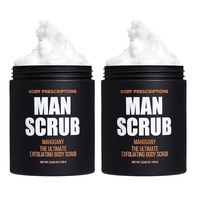 Body Prescriptions Men’s Exfoliating Body Scrub – Ultimate Skin Cleansing Wash in Jar with Twist-Top Lid, For All Skin Types, 21 Ounce (Pack of 2), Mahogany