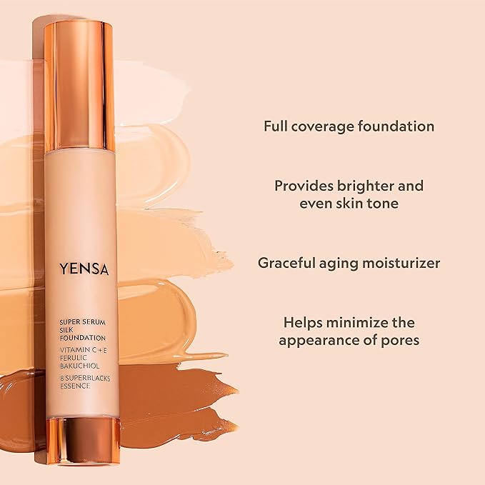 YENSA Super Silk Foundation - Full Coverage, Age-defying complex of Vitamin C, E, Ferulic, and Bakuchiol Oil (Light Medium 1) 1.0 fl oz