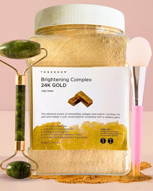 VogueNow Jelly Face Mask for Facials - 24K Gold Hydrating, Brightening & Nourishing Jelly Mask with Free Jade Roller & Spatula | Professional Hydrojelly Masks | Vajacial Jelly Mask Powder | 23 Oz Jar