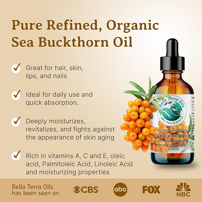 Bella Terra Oils - Sea Buckthorn Oil 4 oz - Unlock the Gold Standard in Skincare, Infused with Omega-3, Omega-6 & Carotenoids, Elevate Your Cosmetic Routine