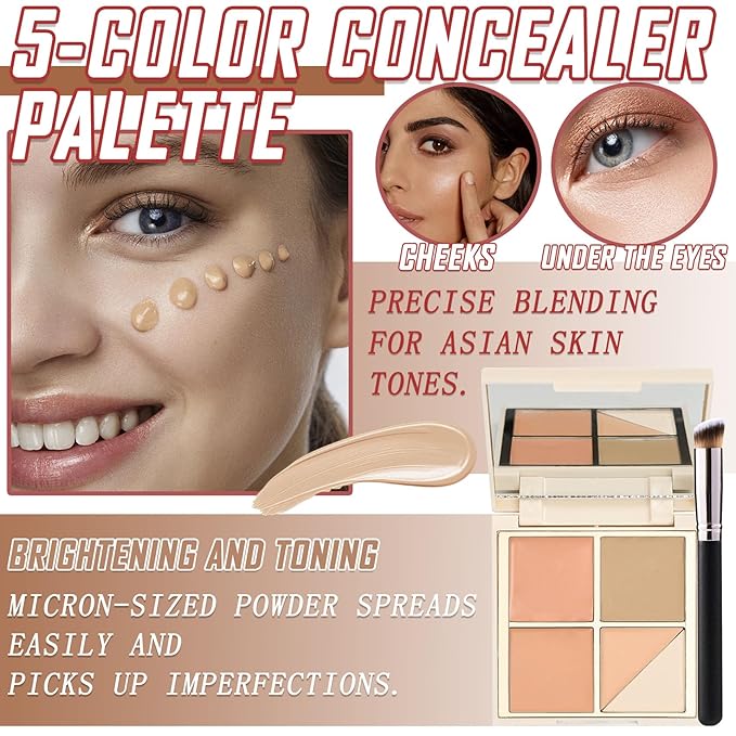 5 Colors Correcting Concealer Palette,Waterproof Long Lasting Cream Contour Palette for Women,Contouring Concealer Liquid Foundation Makeup Palette with Brush 02#