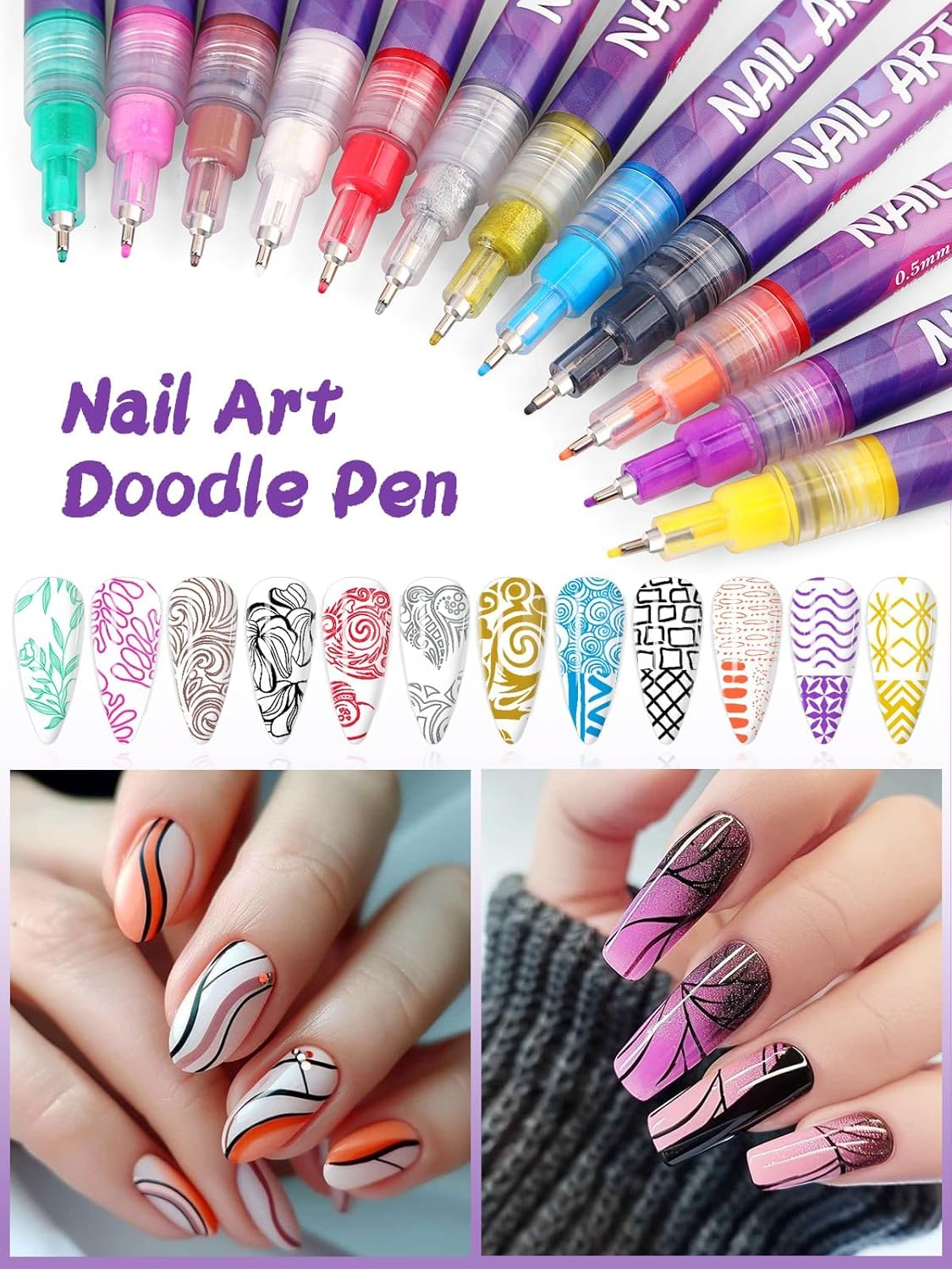 12 Colors Nail Art Pens Kit EBANKU 0.5MM Ultra-Fine Tip 3D Nail Polish Pens Quick-Dry Acrylic Paint Pens Nail Markers Dotting Tools for Home & Salon Manicure