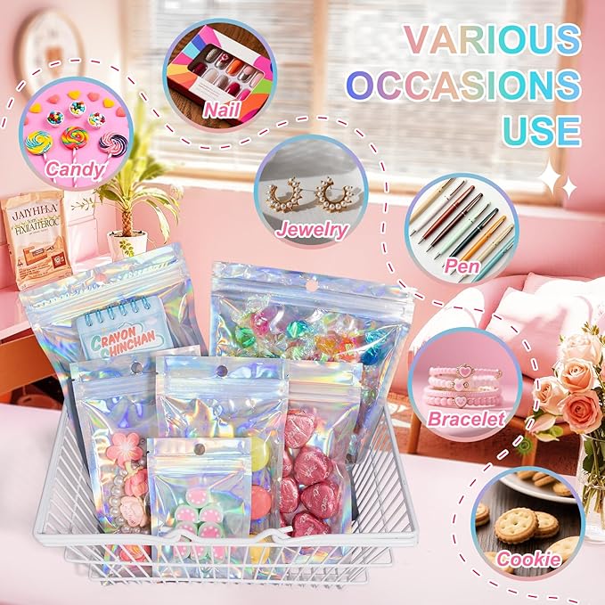ANZNKU 100 Pack Mylar Bags Reasealable Holographic Bags, Smell Proof Bag Zipper Pouches with Clear Window, Jewelry Candy Sealable Bag for Packaging Sample Party Favor (3 x 4.7 Inch)