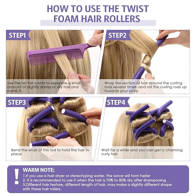 Syhood 30 Pcs 7'' Flexible Curling Rods Twist Foam Hair Rollers Soft Foam No Heat Hair Rods Rollers and 1 Steel Pintail Comb Rat Tail Comb for Women Long Short Hair(Purple,7 x 0.55 Inch)