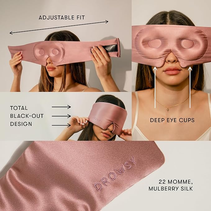 DROWSY Eyelash Protecting Silk Sleep Mask for Natural Lashes & Extensions. Deep Eye Cups, Zero Pressure, Total Blackout, Full Wraparound (Damask Rose)