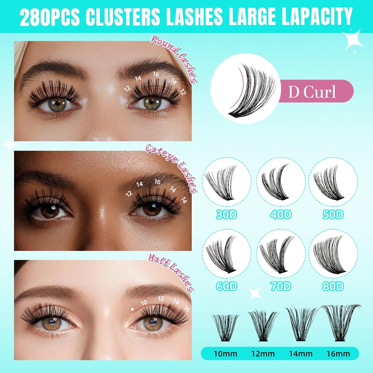 Lash Clusters Wispy 280PCS Eyelash Extension 60D Cluster Lashes Individual Lashes DIY Lash Extension Natural Look Cluster Eyelash Extensions Soft False Eyelashes at Home for Beginners(10mm)