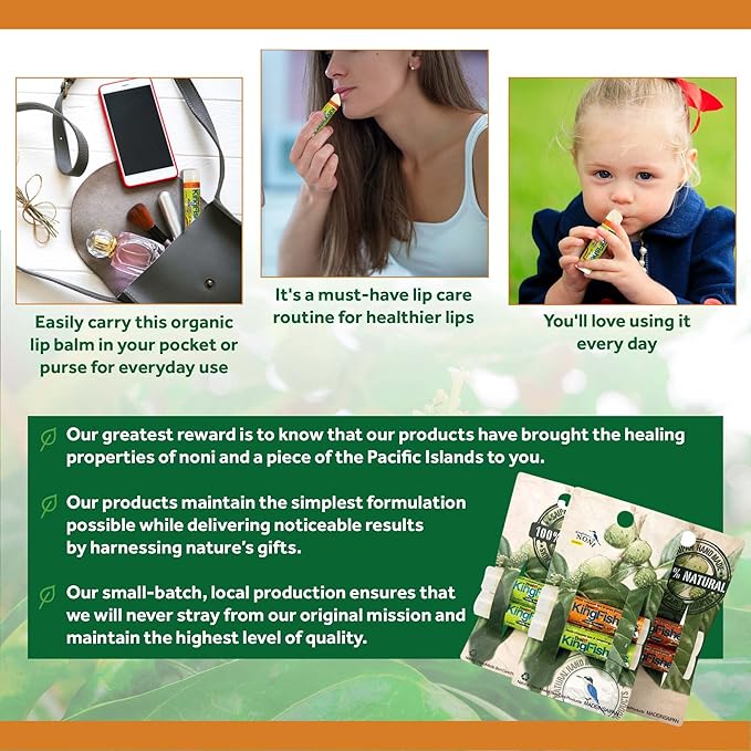 Kingfisher’s Noni Lip Balm, 2-Pack, 100% Natural Ingredients, Noni Original Oil & Virgin Coconut Oil, Ultra Hydrating Lip Balm, Sweet Orange Flavor Lip Care