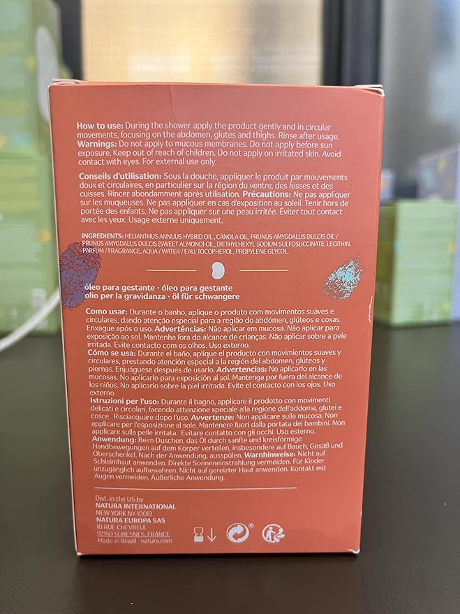 natura - Mamãe e Bebê Mom Stretch Marks Oil - Moisturizing Shower Oil - Skin Elasticity - 100% Vegan - Almond Oil - 97.3% Natural Origin - All Skin - Cruelty Free - Baby Essentials - 6.7 fl oz (200ml)