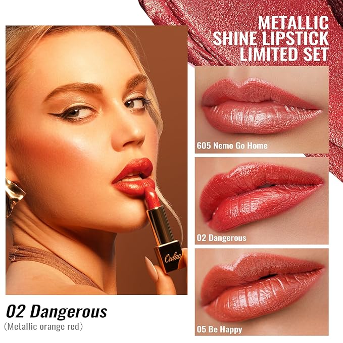 Oulac Metallic Orange Lipstick Set 3PCS, Comfortable Creamy Texture, Smooth No Grainy Feeling, Vegan & Gluten Free, Full-Coverage Lip Makeup, 3 X 4.3 g, 605+02+05