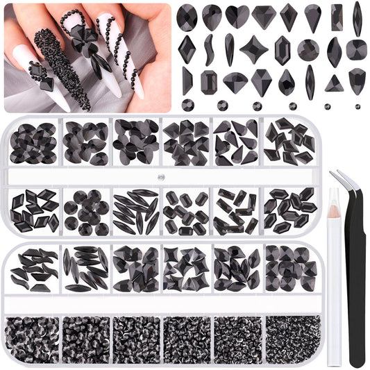 1680Pcs Black Glass Nail Rhinestones 180Pcs Multi Shapes Flatback Nail Gems + 1500Pcs 1.5-4mm Round Crystal, Manicure Nail Charms Diamond Gemstones for Acrylic Nails Decoration