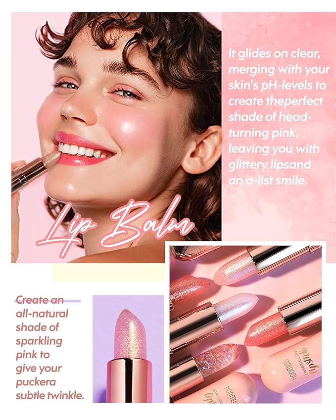 Glimmer Balm, Tinted Lip Balm Long Lasting PH Lipstick, Color Changing Lipstick Natural Chapstick, Glitter Pink Shade Lipstick (Unicorn)