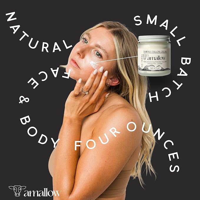 Amallow 100% Grass Fed Beef Tallow for Skin Care - Face + Body - Whipped Moisturizer for Sensitive Skin - Natural Lotion, 4 FL. oz. (Unscented + Jojoba Oil)