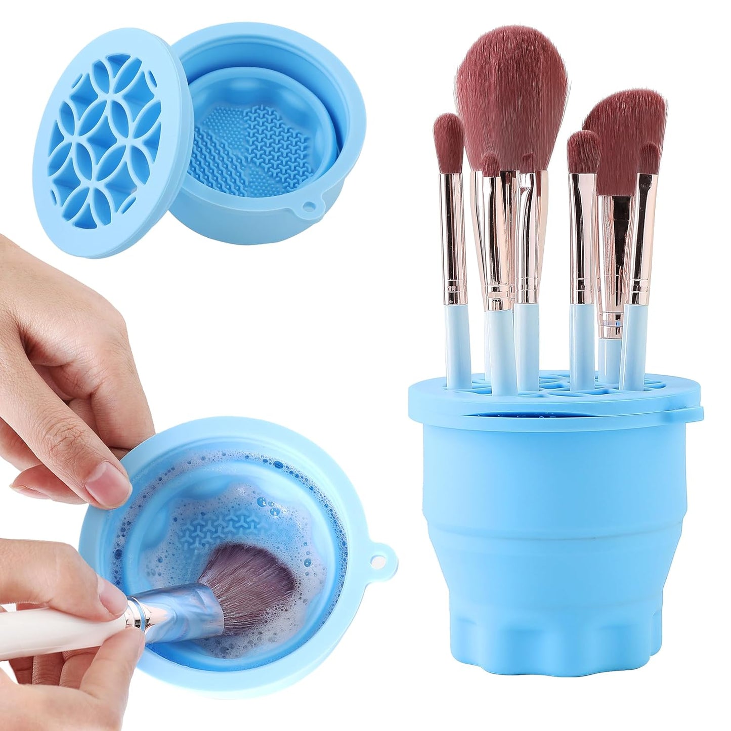 Makeup Brush Cleaner - Foldable Silicone Makeup Brush Cleaner Mat with Brush Storage Holder Makeup Brush Cleaning Bowl Cosmetic Brush Washing Tool for Cleaning Organizer and Drying (Blue)