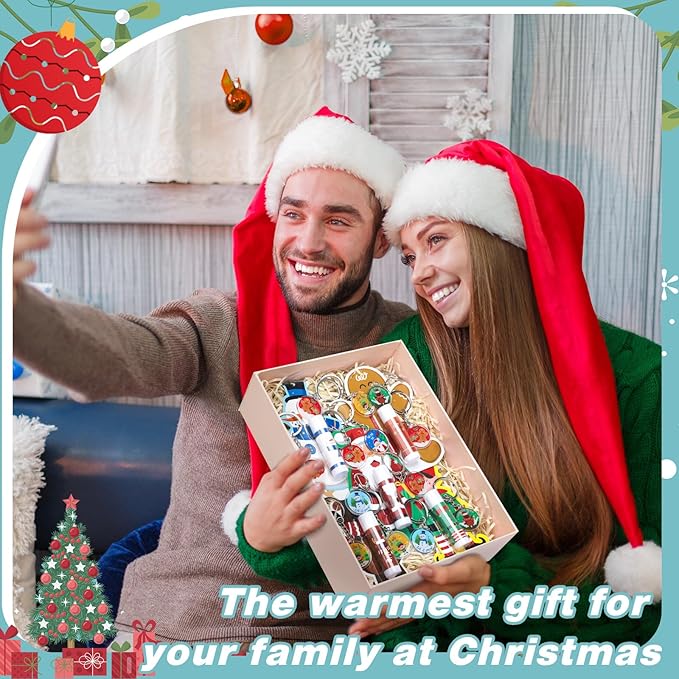 Henoyso 150 Pcs Christmas Favors 5 Styles Lip Balm Bulk Moisturizing Lip Balms Acrylic Keychains with Organza Bags for Xmas Holiday Treat Gifts Women Christmas Stocking Stuffers Party Supplies